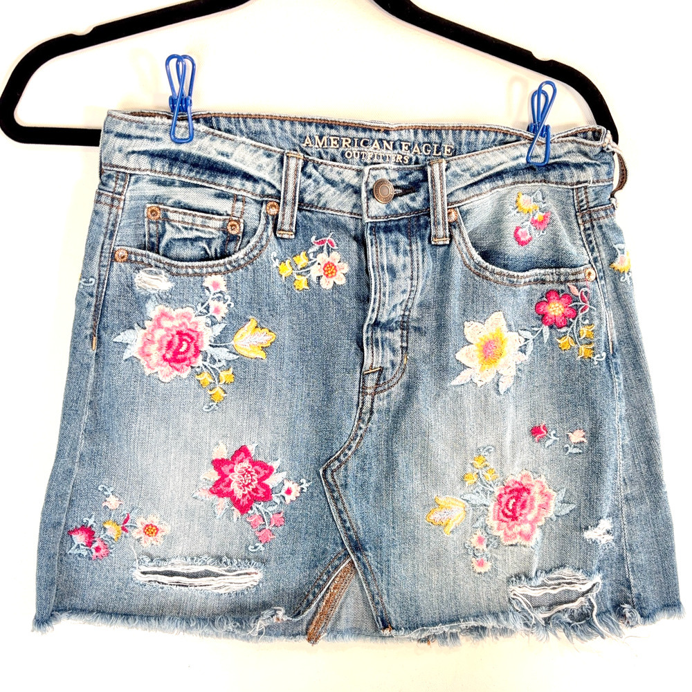 American Eagle Outfitters Embroidered Light Blue Denim Mini Skirt